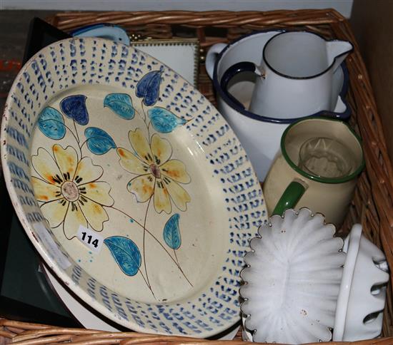 Wicker basket, enamel jugs etc